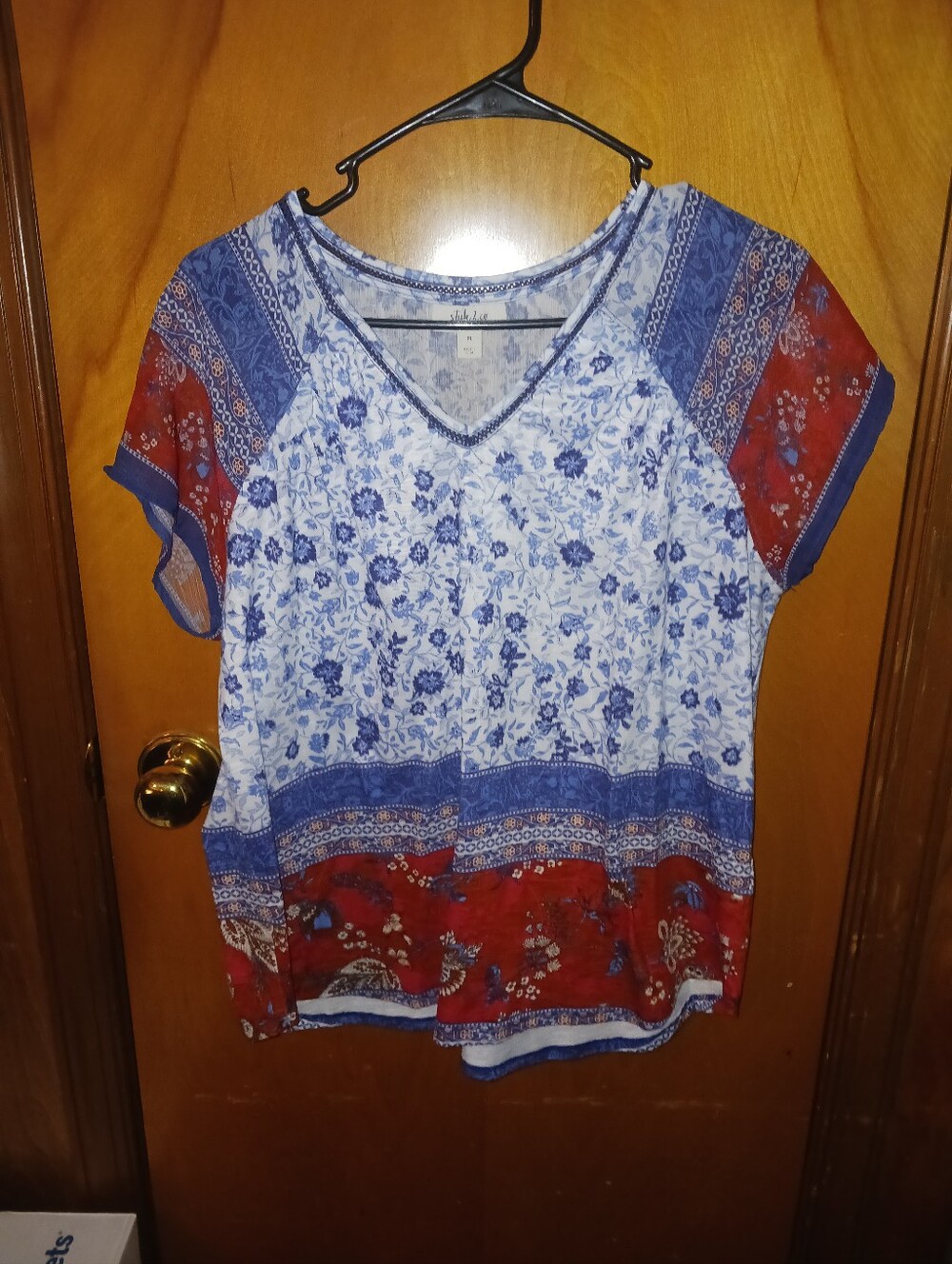 Style & Co. Blue and Red Floral V-Neck Short Sleeve Top